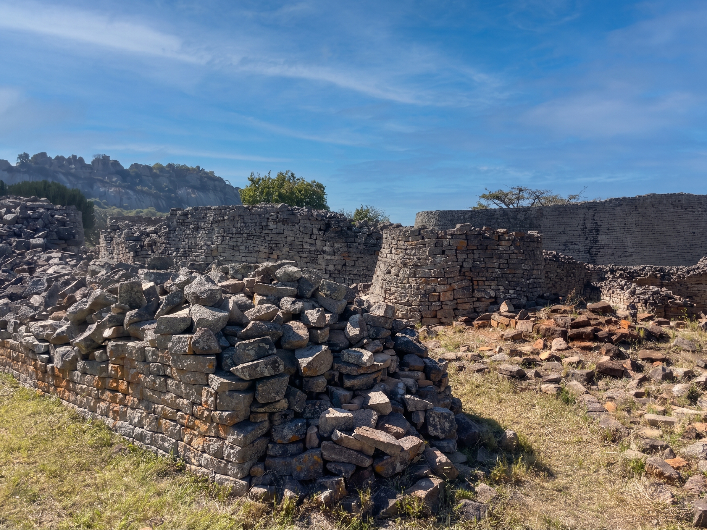 Ancient stone walls and African landscape atmosphere