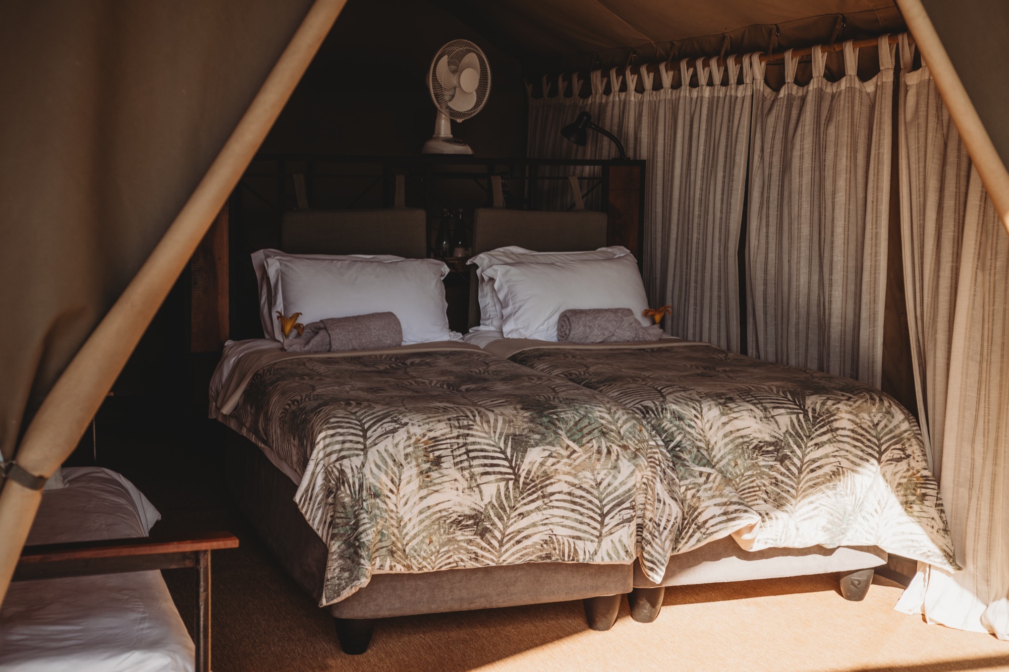 Standard Tent interior with daybed at Romelda Lakeside Retreat